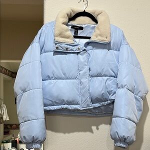 Crop Light Blue Puffer Jacket with Cream Collar
